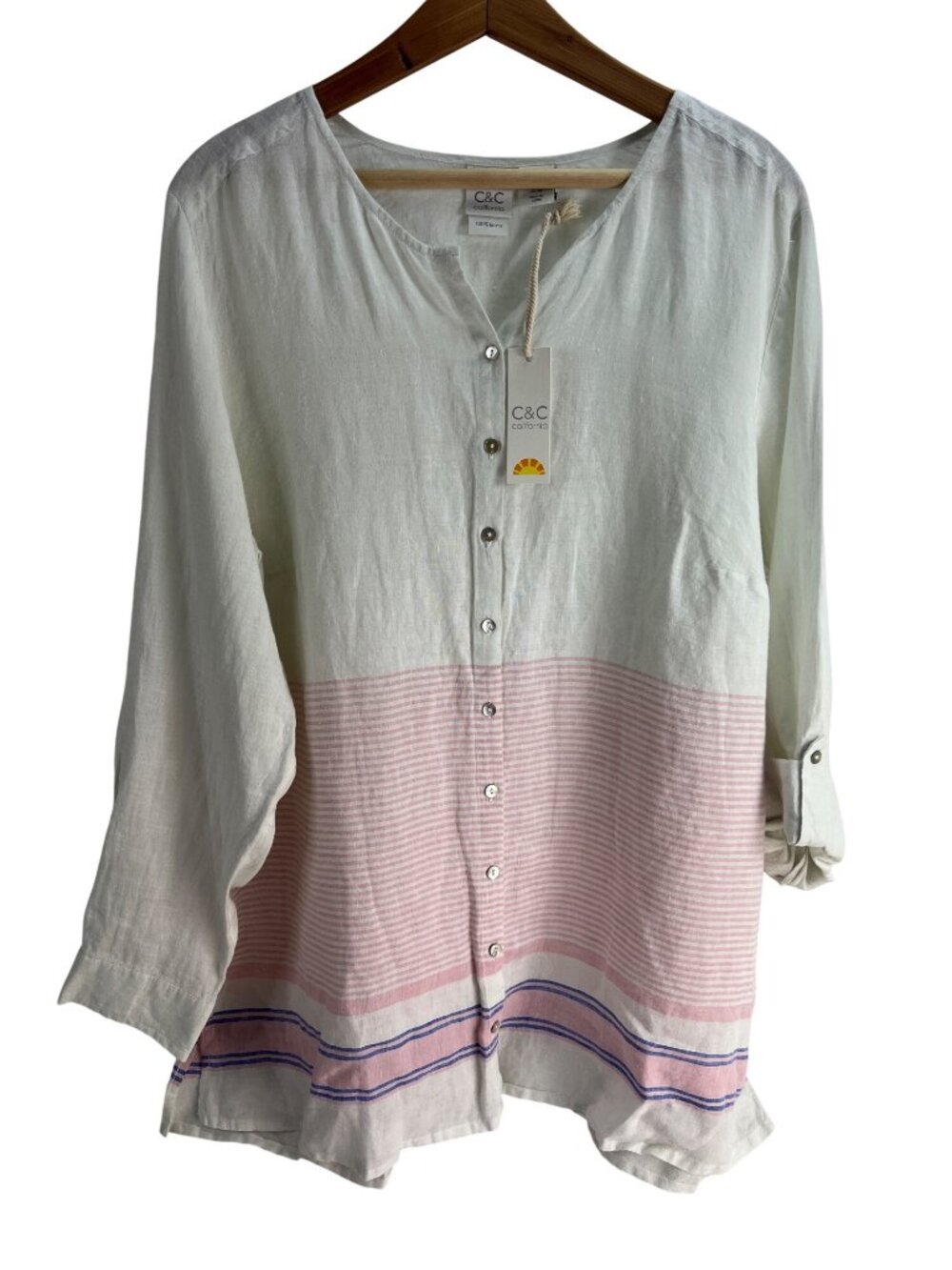 C&C California Womens 100% Linen Striped Blouse Top Button-Front White Pink Blue
